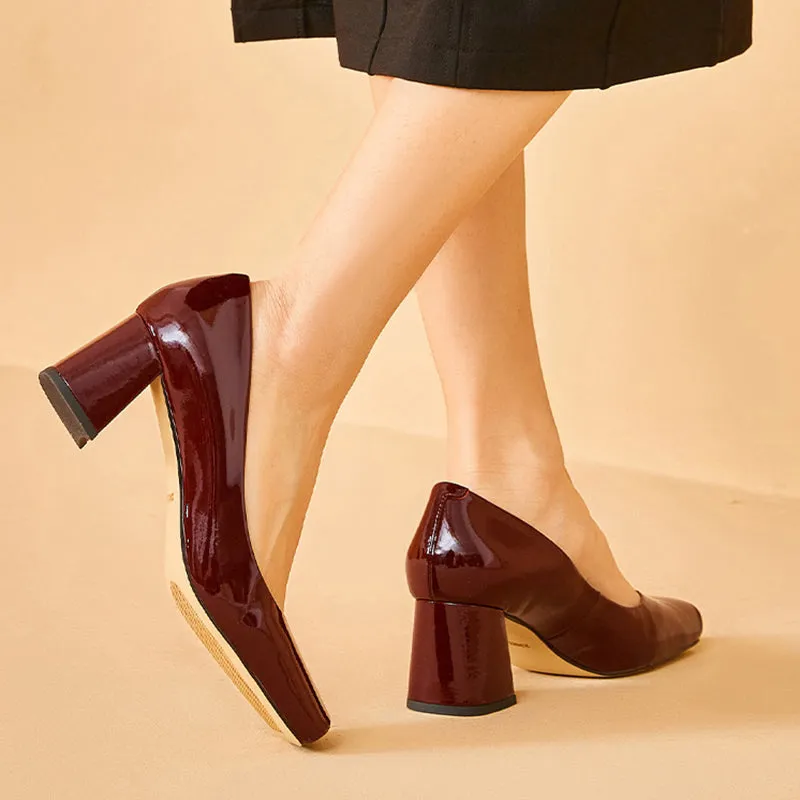 BeauToday Patent Leather Square Toe Block Heeled Pumps for Women