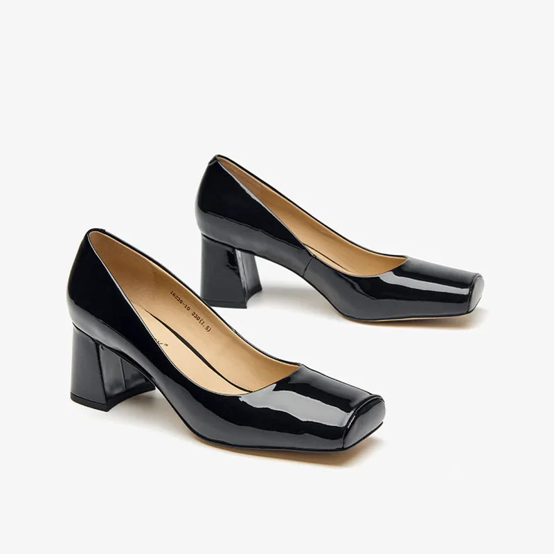 BeauToday Patent Leather Square Toe Block Heeled Pumps for Women
