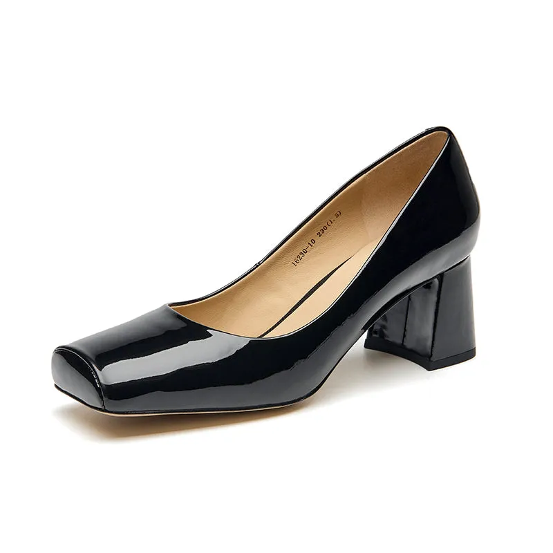 BeauToday Patent Leather Square Toe Block Heeled Pumps for Women