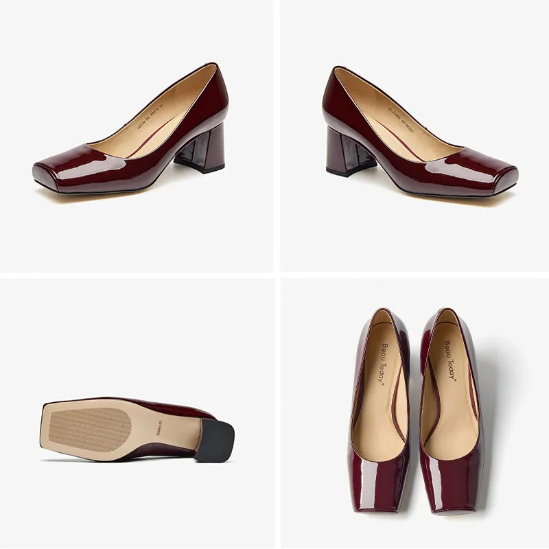 BeauToday Patent Leather Square Toe Block Heeled Pumps for Women