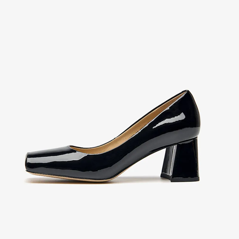 BeauToday Patent Leather Square Toe Block Heeled Pumps for Women