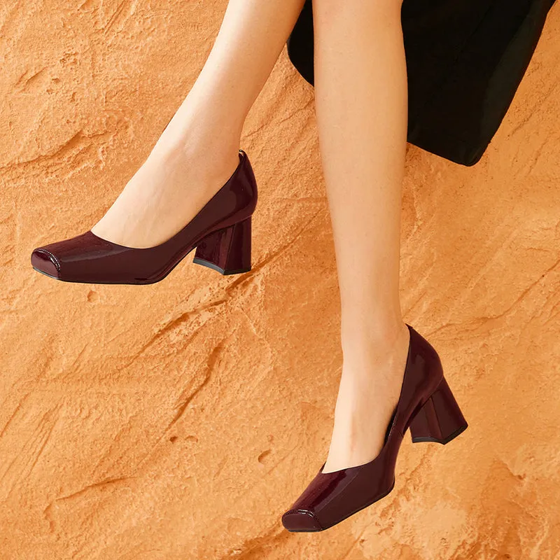 BeauToday Patent Leather Square Toe Block Heeled Pumps for Women