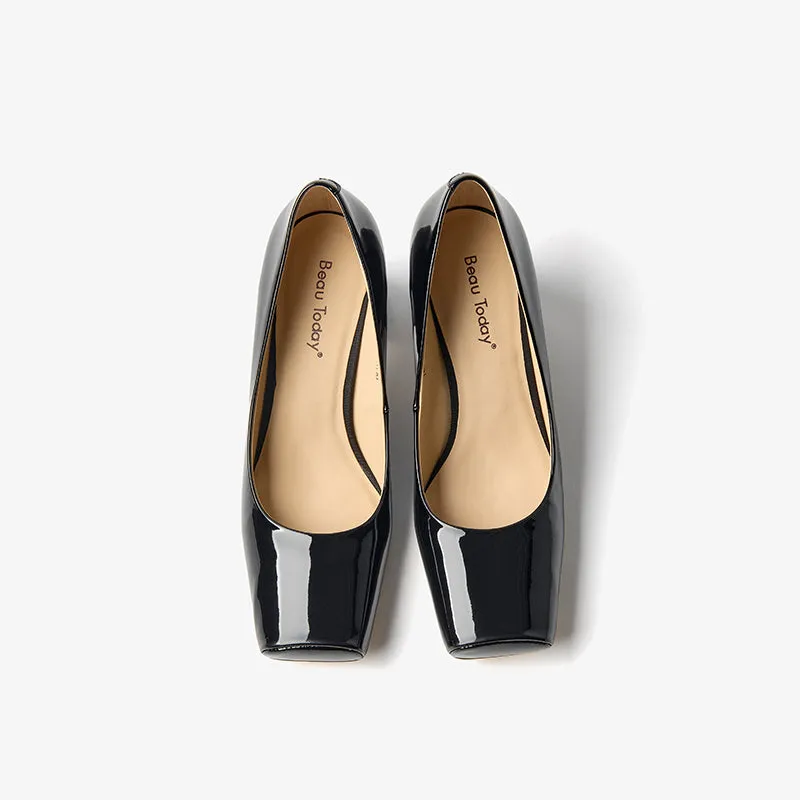 BeauToday Patent Leather Square Toe Block Heeled Pumps for Women