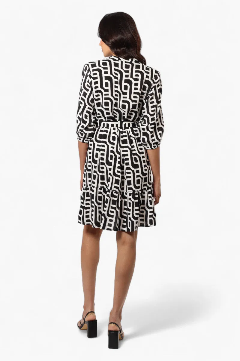 Beechers Brook Belted Patterned Button Down Day Dress - Black