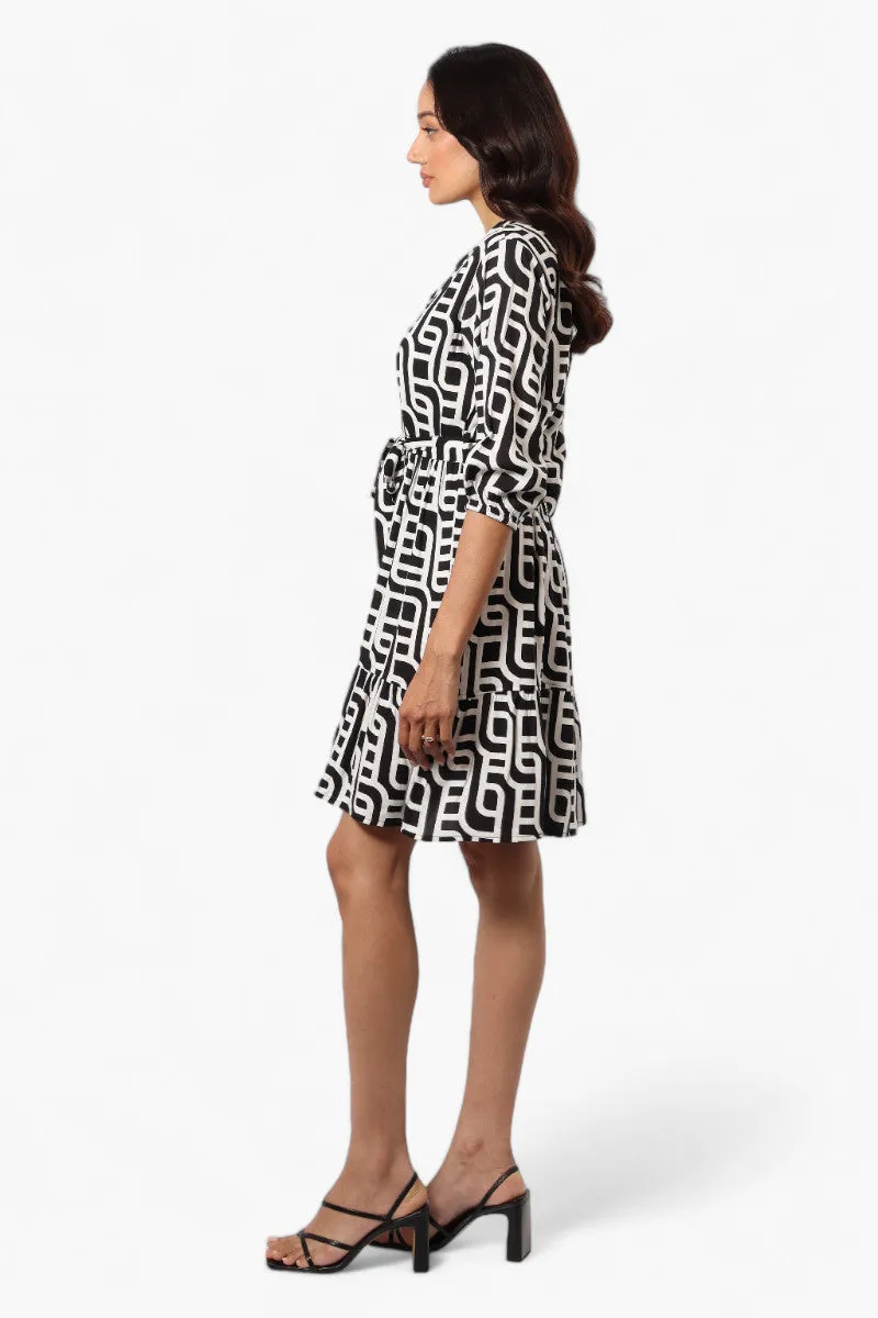 Beechers Brook Belted Patterned Button Down Day Dress - Black