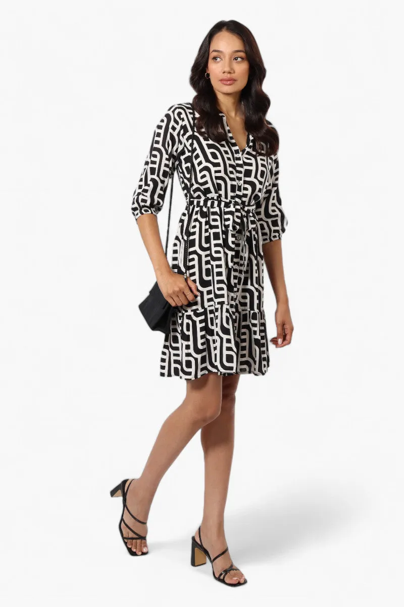 Beechers Brook Belted Patterned Button Down Day Dress - Black