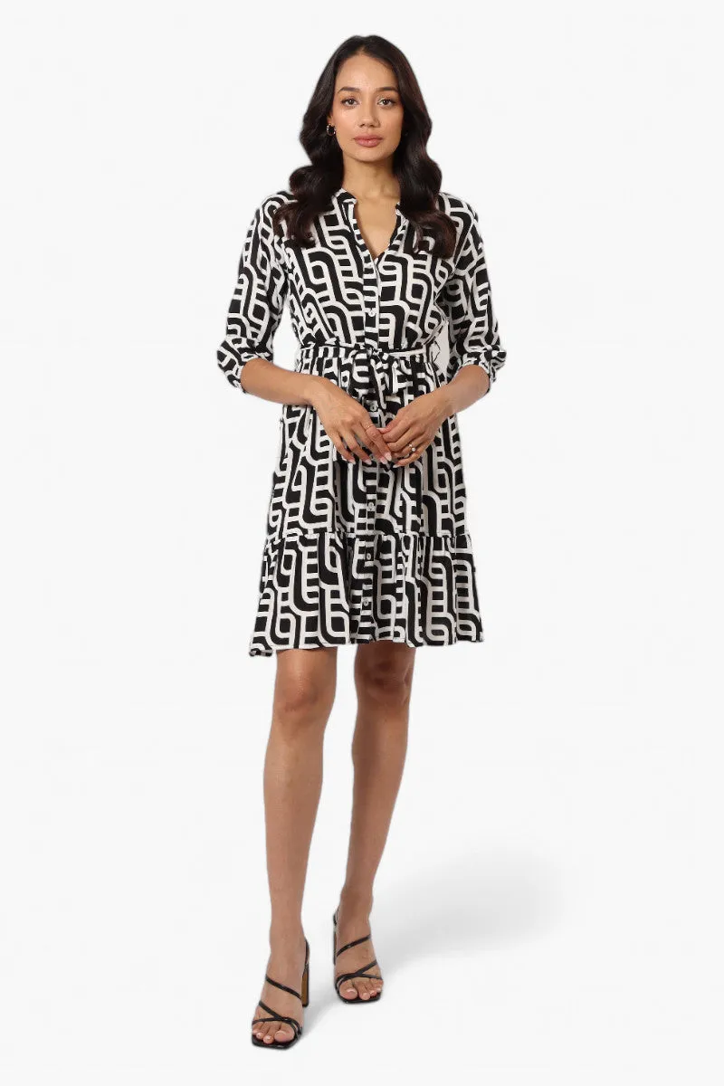 Beechers Brook Belted Patterned Button Down Day Dress - Black