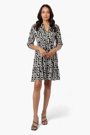 Beechers Brook Belted Patterned Button Down Day Dress - Black
