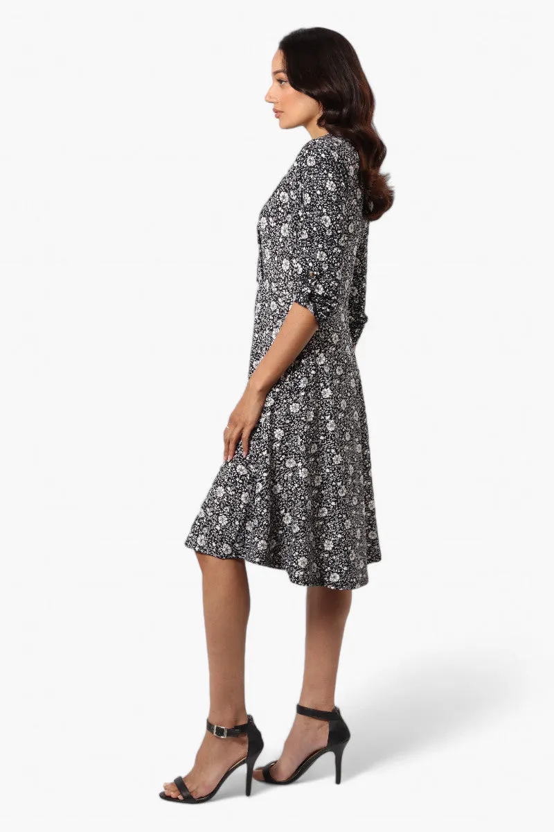Beechers Brook Floral Crossover Button Up Sleeve Day Dress - Black