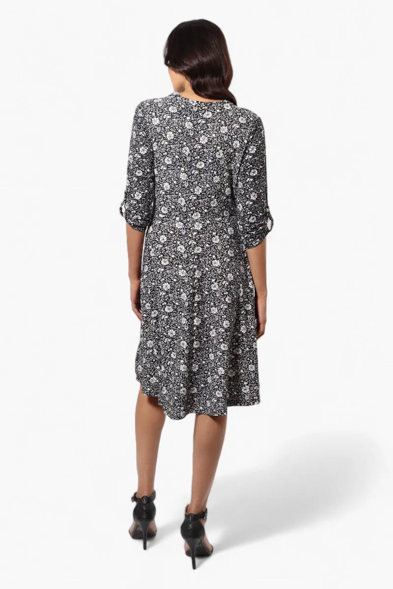 Beechers Brook Floral Crossover Button Up Sleeve Day Dress - Black