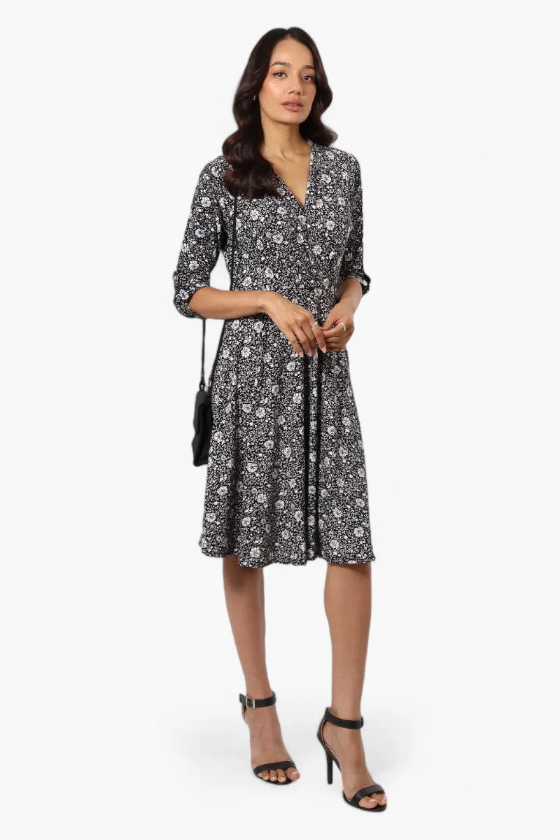 Beechers Brook Floral Crossover Button Up Sleeve Day Dress - Black