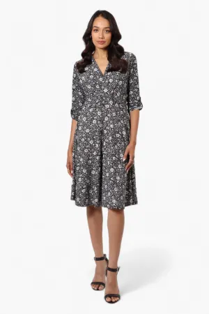 Beechers Brook Floral Crossover Button Up Sleeve Day Dress - Black