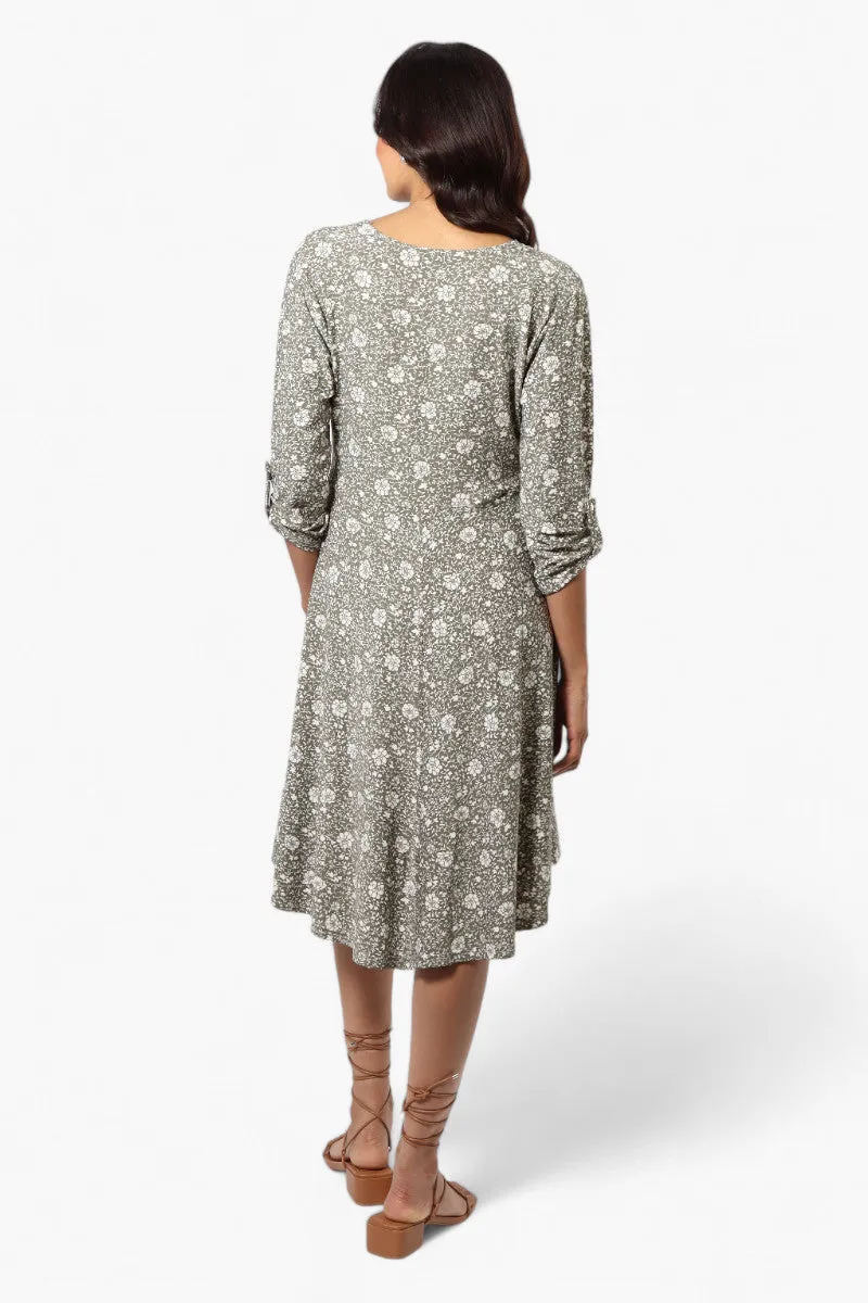 Beechers Brook Floral Crossover Button Up Sleeve Day Dress - Olive