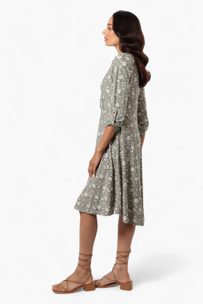 Beechers Brook Floral Crossover Button Up Sleeve Day Dress - Olive