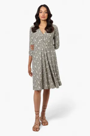Beechers Brook Floral Crossover Button Up Sleeve Day Dress - Olive