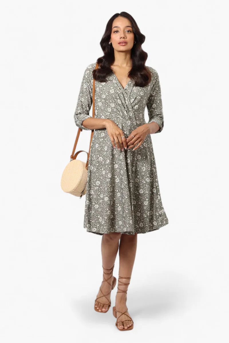 Beechers Brook Floral Crossover Button Up Sleeve Day Dress - Olive