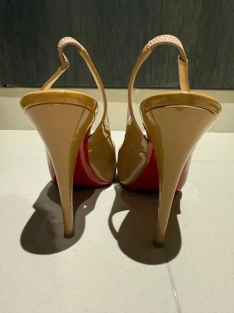 Beige Patent Leather Lady Peep Slingback Pumps