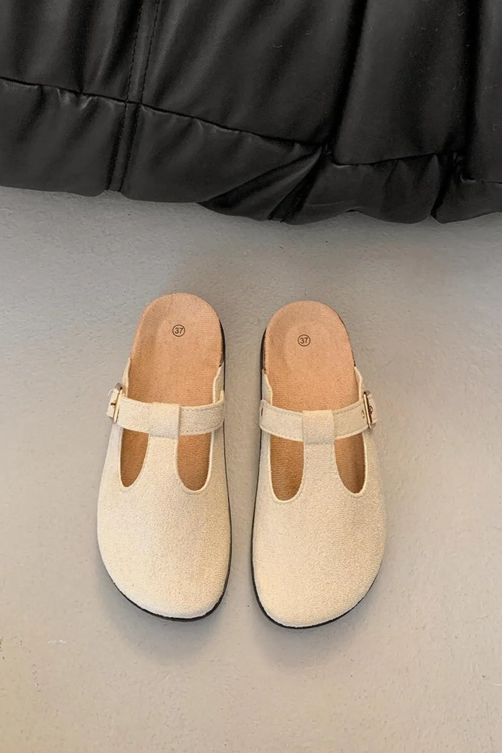 BEIGE ROUND TOE BUCKLE STRAP CLOGS MULES SLIDER SANDALS