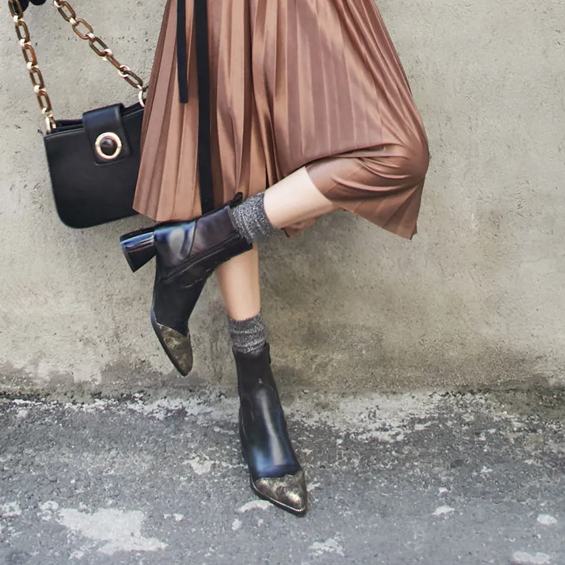 Bigsizeheels Color-paneled magazine pointed boots- Black