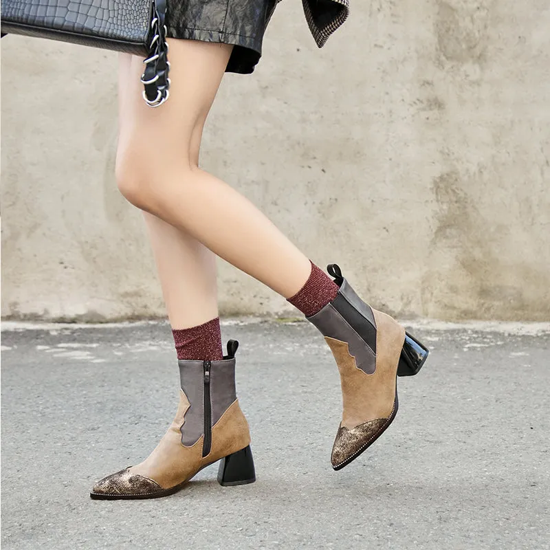 Bigsizeheels Color-paneled magazine pointed boots- Brown