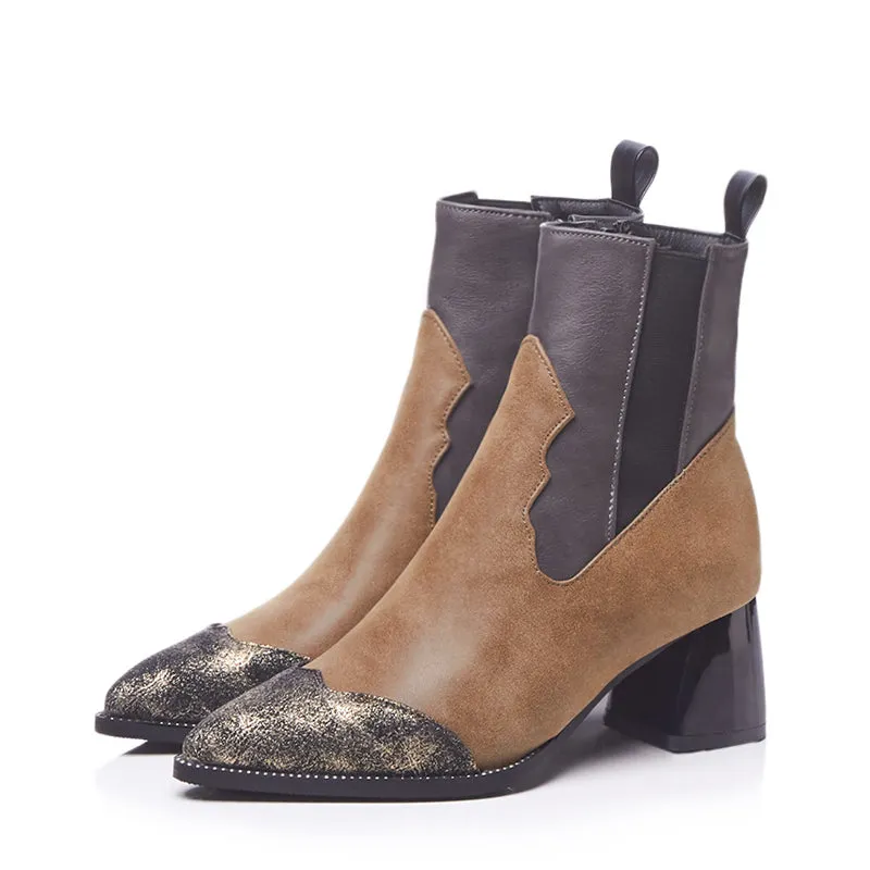 Bigsizeheels Color-paneled magazine pointed boots- Brown