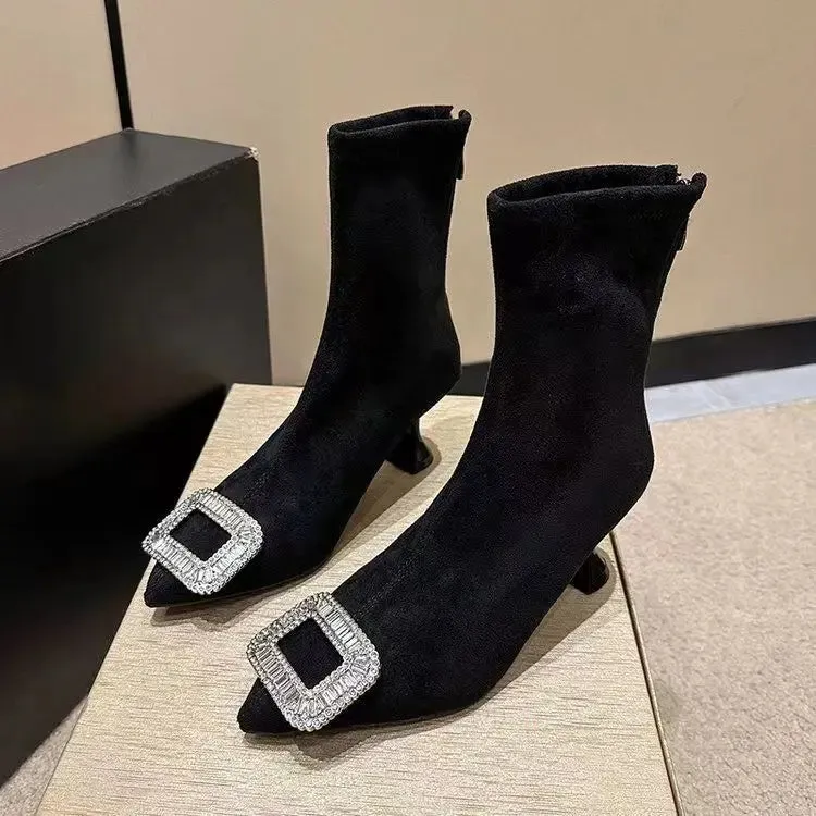 binfenxie  -  Korean Version of Rhinestone Design Booties Women's Single Boots Elastic Booties Slim Black Stilettos Autumn Women's Boots