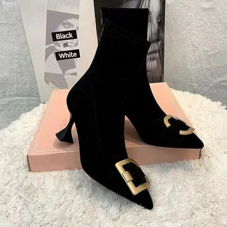 binfenxie  -  Korean Version of Rhinestone Design Booties Women's Single Boots Elastic Booties Slim Black Stilettos Autumn Women's Boots