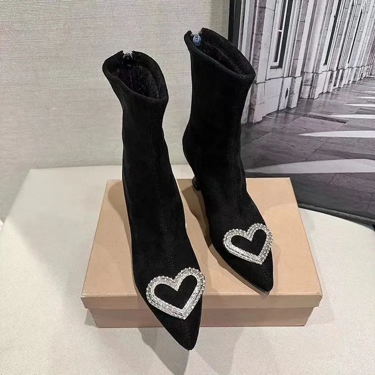 binfenxie  -  Korean Version of Rhinestone Design Booties Women's Single Boots Elastic Booties Slim Black Stilettos Autumn Women's Boots