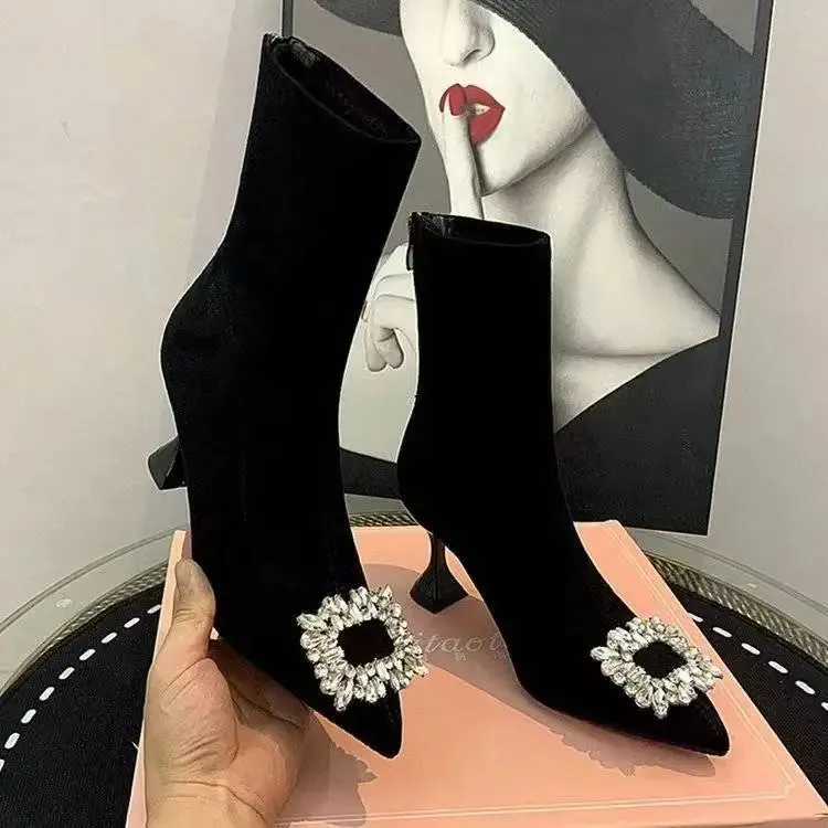 binfenxie  -  Korean Version of Rhinestone Design Booties Women's Single Boots Elastic Booties Slim Black Stilettos Autumn Women's Boots