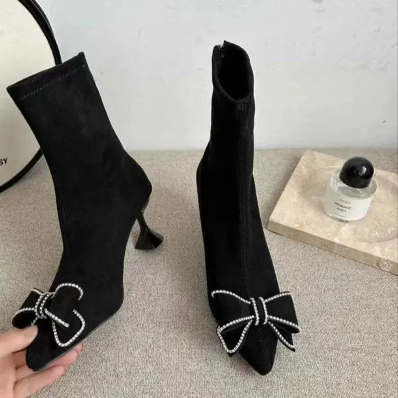 binfenxie  -  Korean Version of Rhinestone Design Booties Women's Single Boots Elastic Booties Slim Black Stilettos Autumn Women's Boots