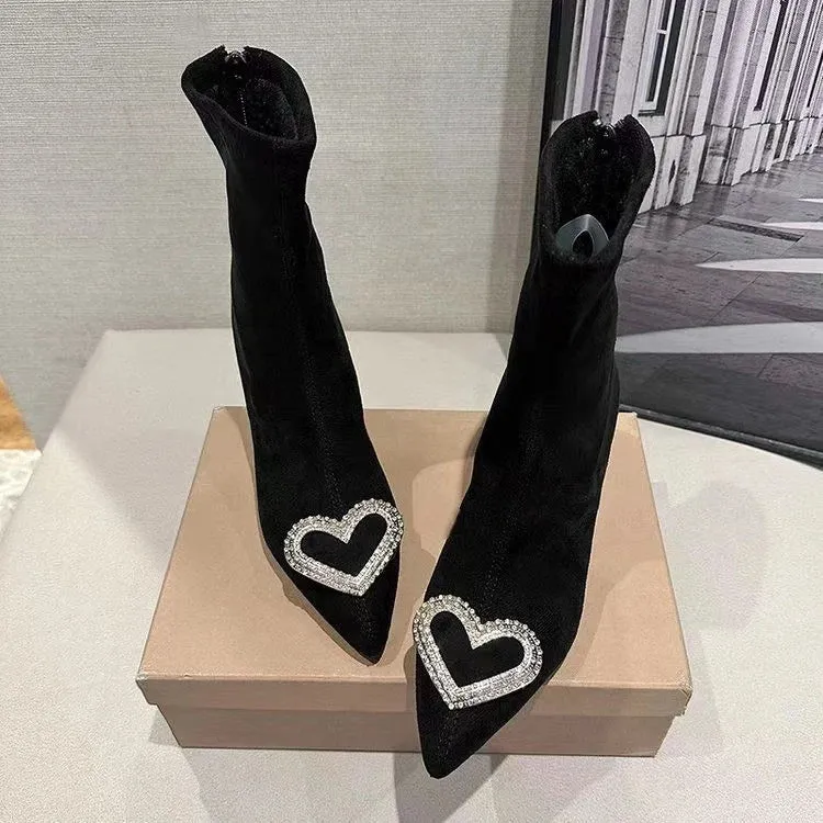 binfenxie  -  Korean Version of Rhinestone Design Booties Women's Single Boots Elastic Booties Slim Black Stilettos Autumn Women's Boots