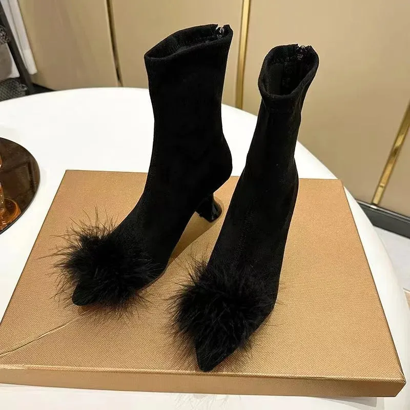 binfenxie  -  Korean Version of Rhinestone Design Booties Women's Single Boots Elastic Booties Slim Black Stilettos Autumn Women's Boots
