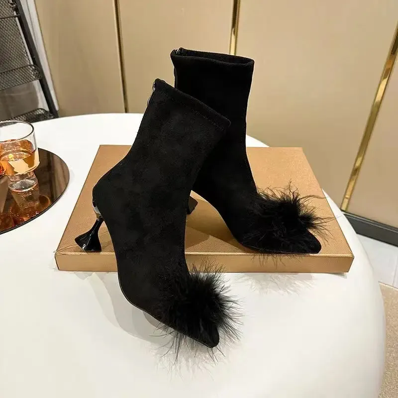 binfenxie  -  Korean Version of Rhinestone Design Booties Women's Single Boots Elastic Booties Slim Black Stilettos Autumn Women's Boots