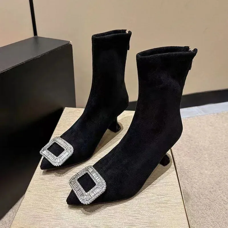 binfenxie  -  Korean Version of Rhinestone Design Booties Women's Single Boots Elastic Booties Slim Black Stilettos Autumn Women's Boots