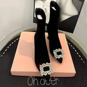 binfenxie  -  Korean Version of Rhinestone Design Booties Women's Single Boots Elastic Booties Slim Black Stilettos Autumn Women's Boots
