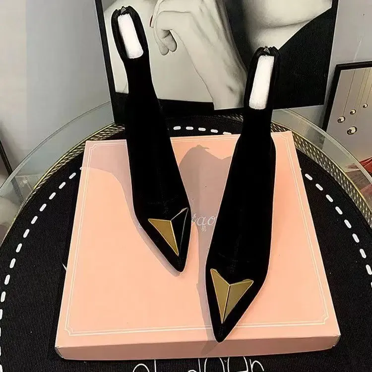 binfenxie  -  Korean Version of Rhinestone Design Booties Women's Single Boots Elastic Booties Slim Black Stilettos Autumn Women's Boots