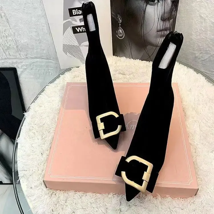 binfenxie  -  Korean Version of Rhinestone Design Booties Women's Single Boots Elastic Booties Slim Black Stilettos Autumn Women's Boots
