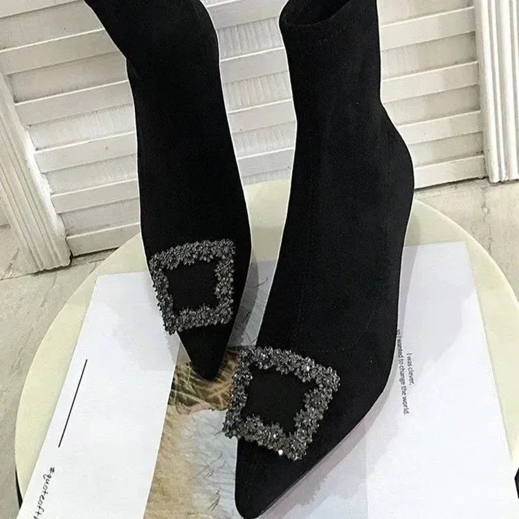 binfenxie  -  Korean Version of Rhinestone Design Booties Women's Single Boots Elastic Booties Slim Black Stilettos Autumn Women's Boots