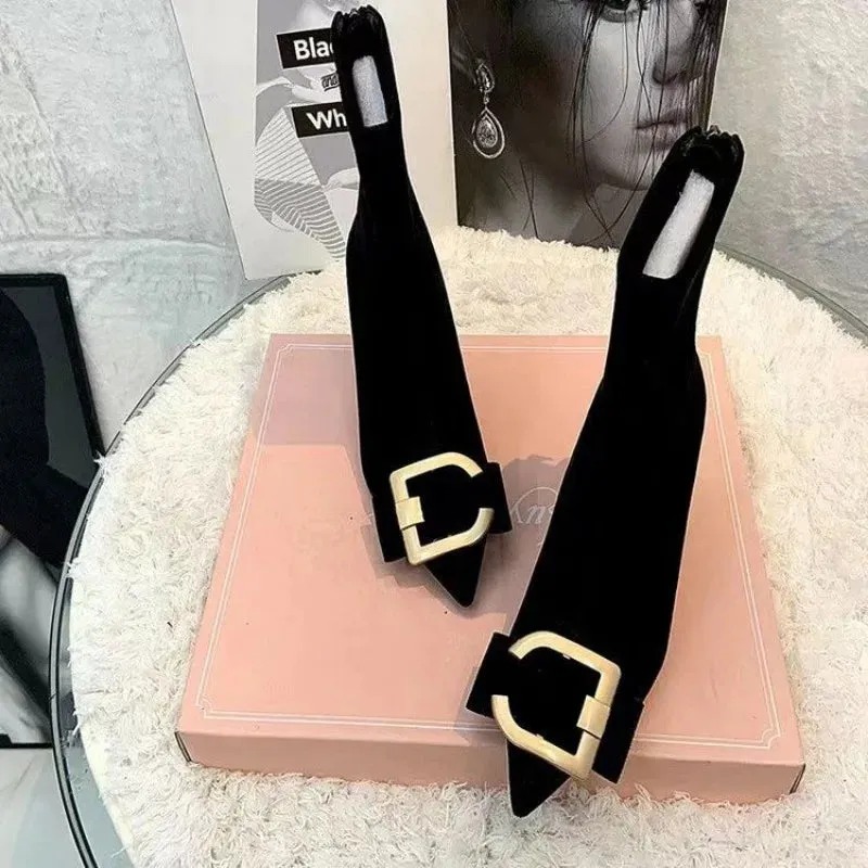 binfenxie  -  Korean Version of Rhinestone Design Booties Women's Single Boots Elastic Booties Slim Black Stilettos Autumn Women's Boots