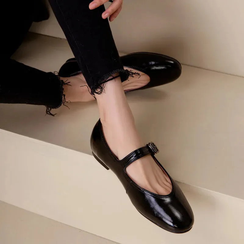 binfenxie  -  Soft Genuine Leather Mary Jane Shoes Cowhide Buckle Casual Loafers Low Heel Genuine Leather Women's Shoes Women's Ballet Flats