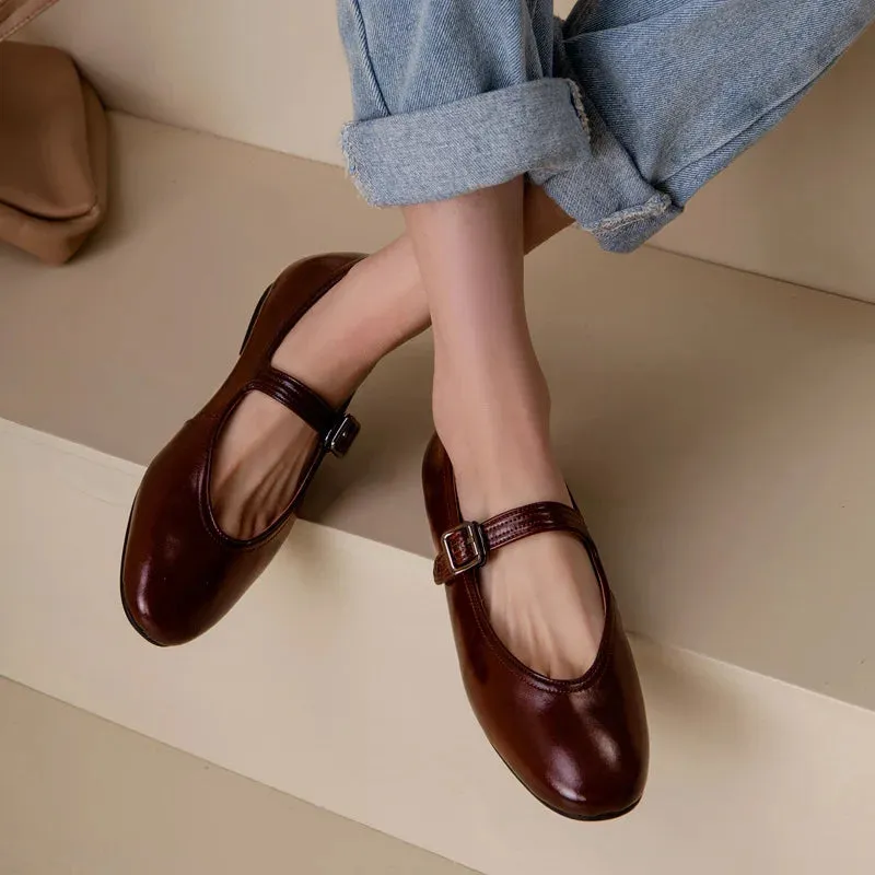 binfenxie  -  Soft Genuine Leather Mary Jane Shoes Cowhide Buckle Casual Loafers Low Heel Genuine Leather Women's Shoes Women's Ballet Flats