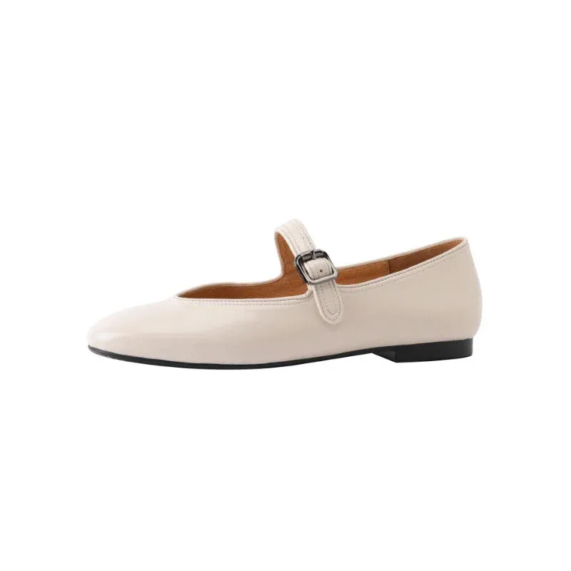 binfenxie  -  Soft Genuine Leather Mary Jane Shoes Cowhide Buckle Casual Loafers Low Heel Genuine Leather Women's Shoes Women's Ballet Flats
