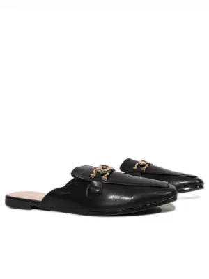 Black Gold Buckle Flat Mules