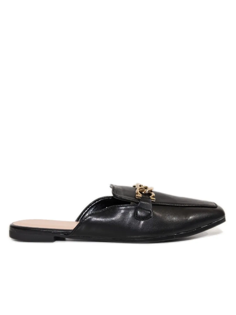 Black Gold Buckle Flat Mules