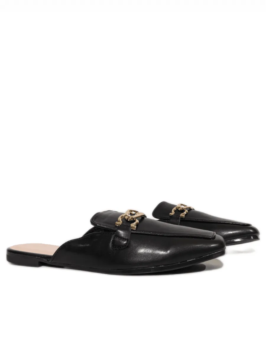 Black Gold Buckle Flat Mules