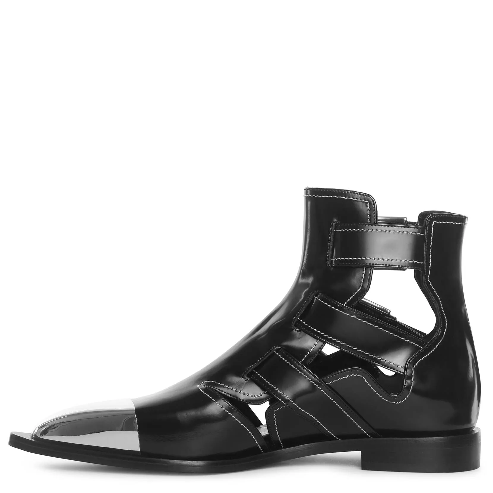 Black leather cage ankle boots