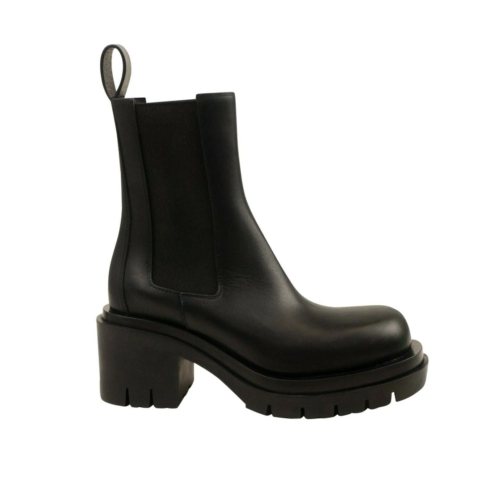 Black Leather Chunky Lug Midi Boots