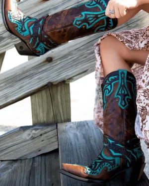 Black Star Women's Chocolate & Teal San Angelo Snip Toe Cowgirl Boots WBSN003