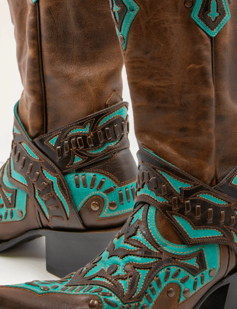 Black Star Women's Chocolate & Teal San Angelo Snip Toe Cowgirl Boots WBSN003