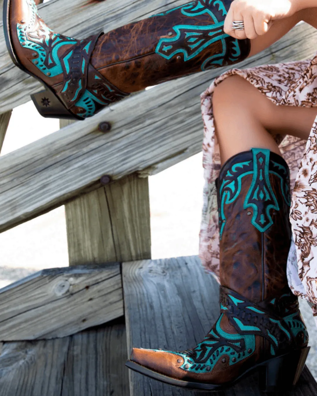 Black Star Women's Chocolate & Teal San Angelo Snip Toe Cowgirl Boots WBSN003